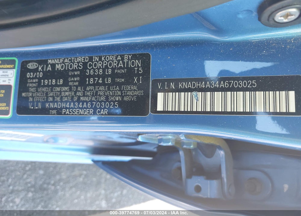 2010 KIA RIO LX VIN: KNADH4A34A6703025
