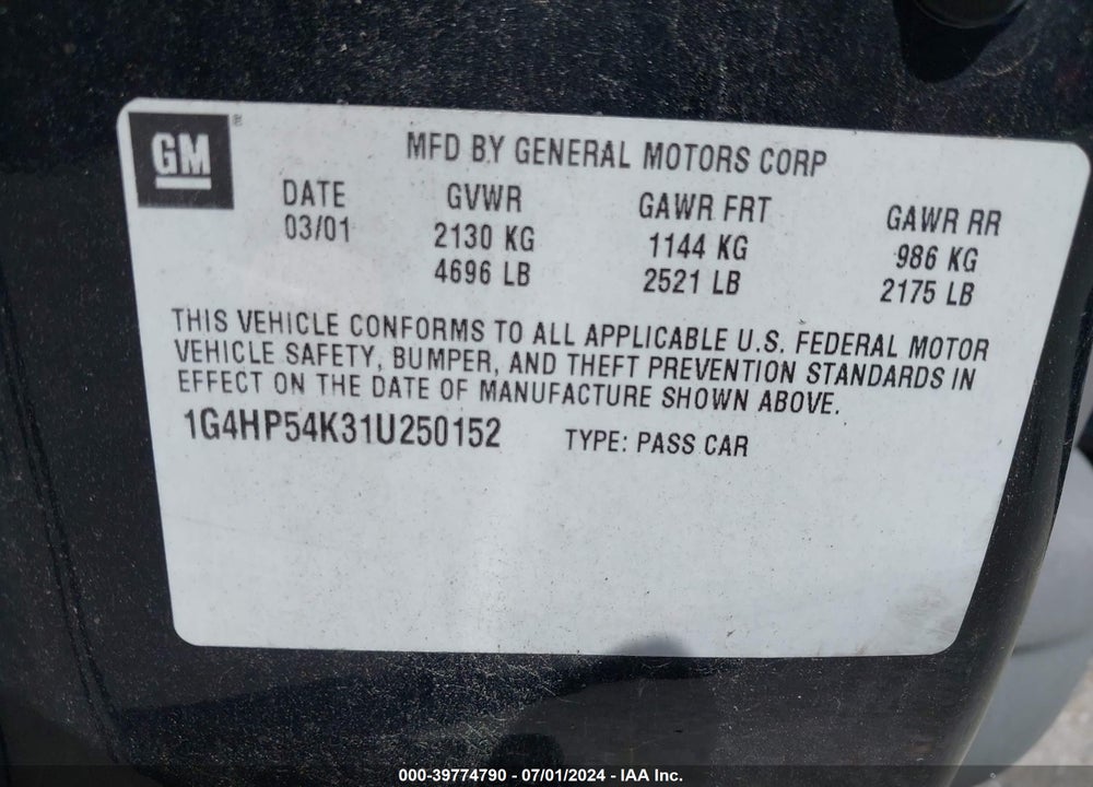 2001 BUICK LESABRE CUSTOM VIN: 1G4HP54K31U250152