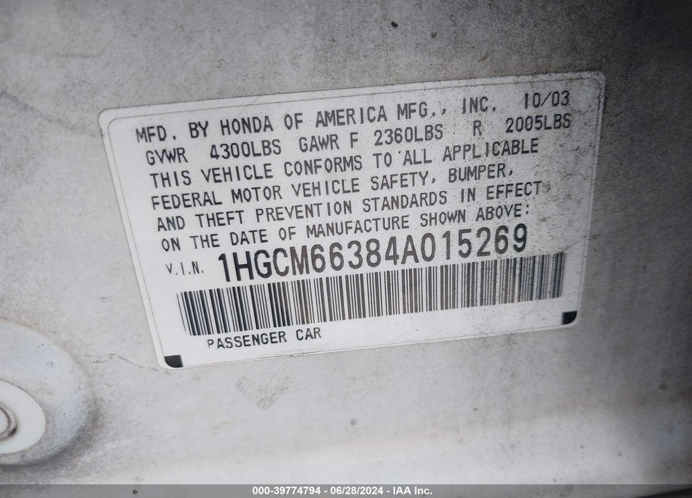 2004 HONDA ACCORD 3.0 LX VIN: 1HGCM66384A015269