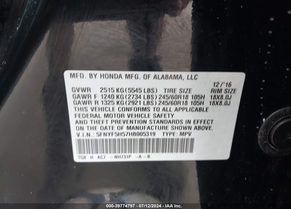 2017 HONDA PILOT EX-L VIN: 5FNYF5H57HB005319