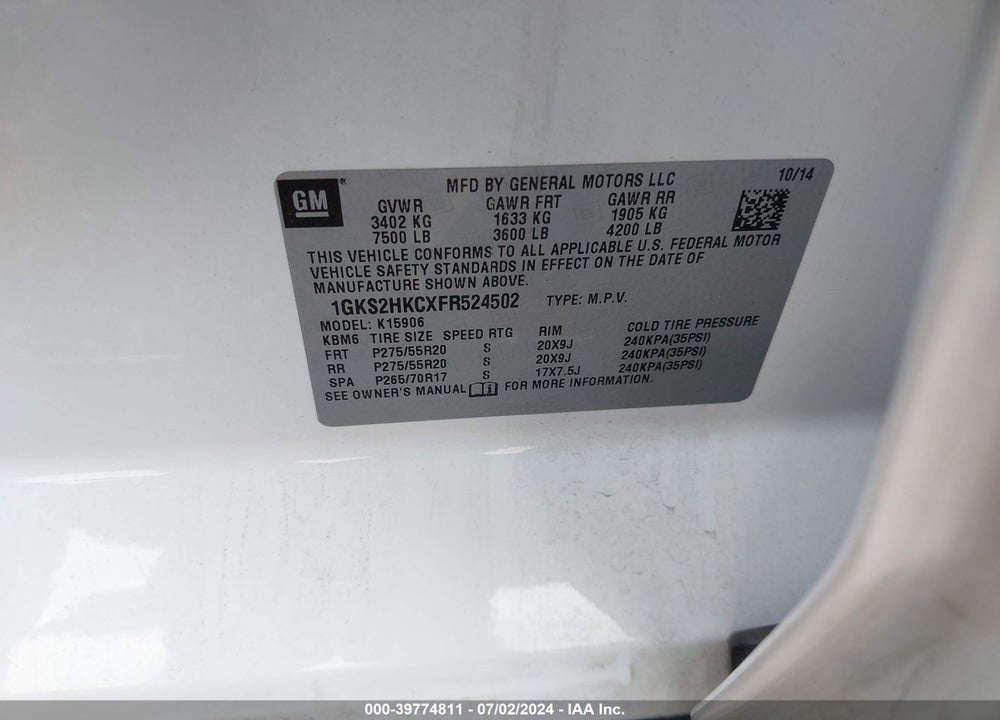 2015 GMC YUKON XL 1500 SLT VIN: 1GKS2HKCXFR524502