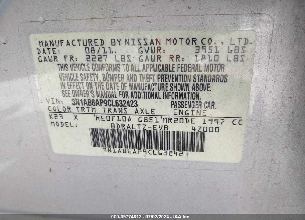 2012 NISSAN SENTRA 2.0 SR VIN: 3N1AB6AP9CL632423