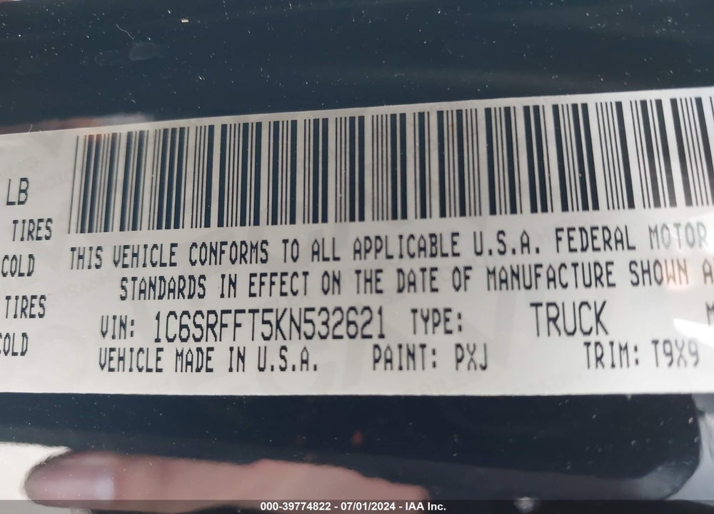 2019 RAM 1500 BIG HORN/LONE STAR 4X4 5'7 BOX VIN: 1C6SRFFT5KN532621