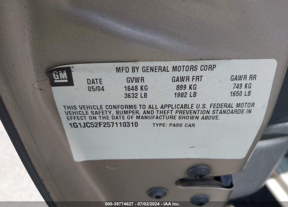 2005 CHEVROLET CAVALIER VIN: 1G1JC52F257110310