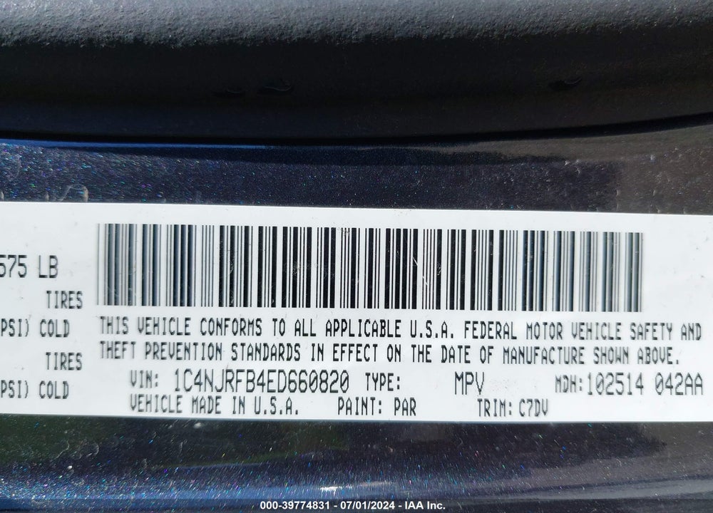 2014 JEEP PATRIOT LATITUDE VIN: 1C4NJRFB4ED660820
