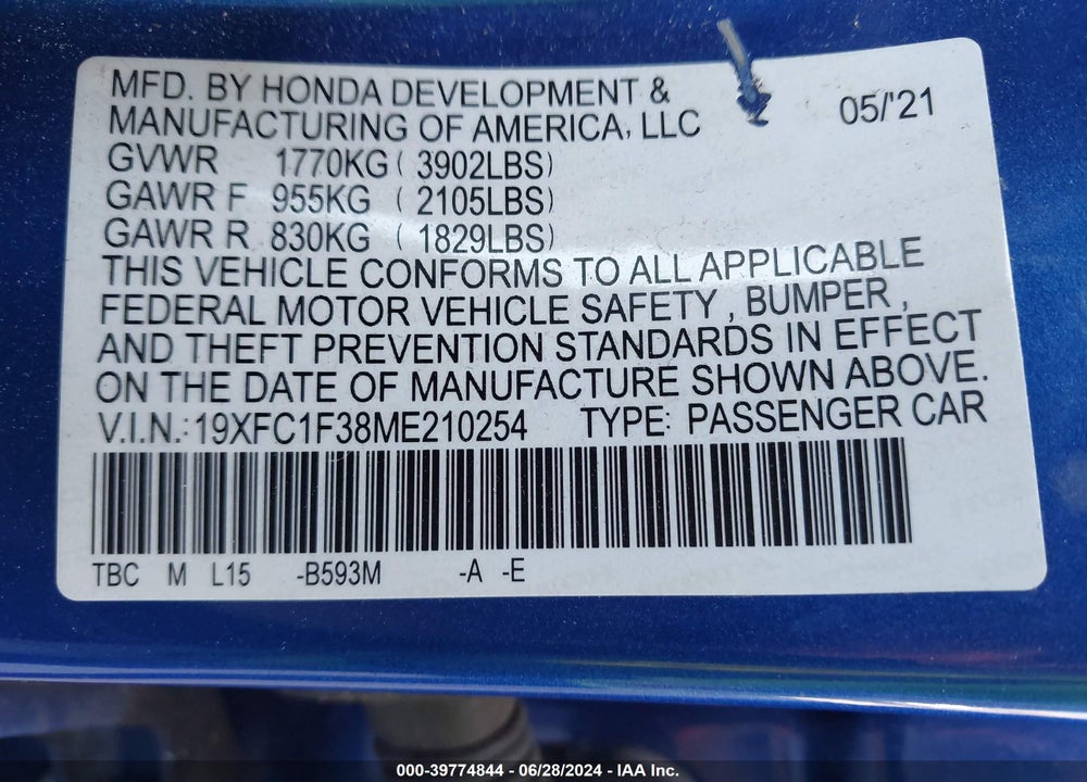 2021 HONDA CIVIC EX VIN: 19XFC1F38ME210254