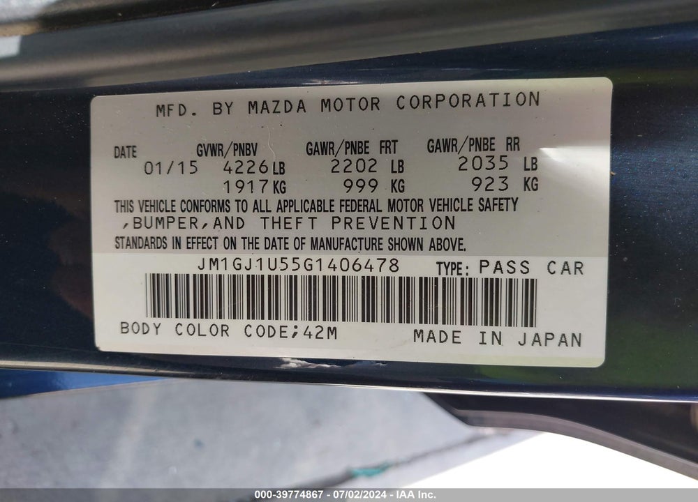 2016 MAZDA 6 I SPORT VIN: JM1GJ1U55G1406478
