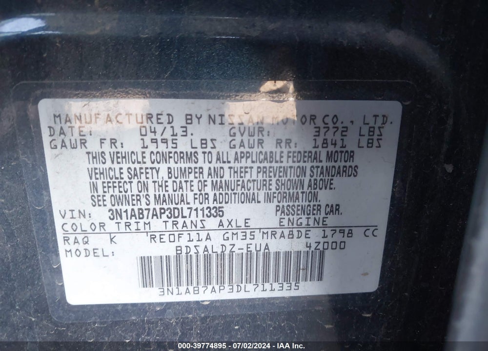 2013 NISSAN SENTRA SV VIN: 3N1AB7AP3DL711335