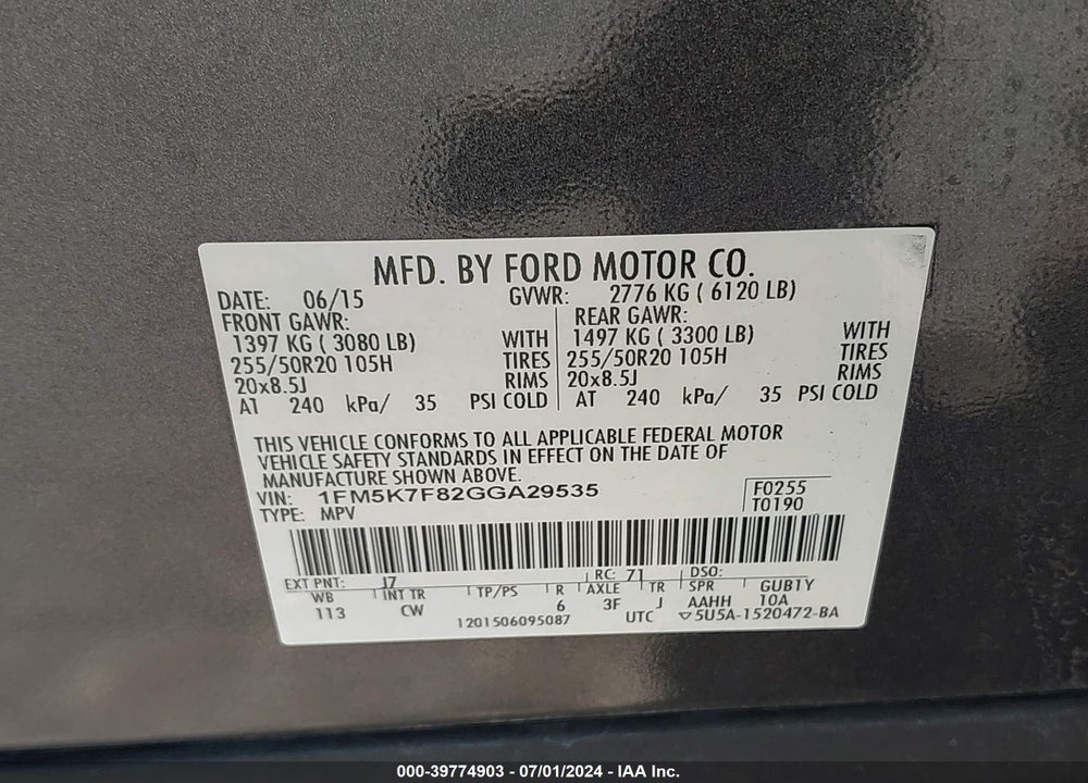 2016 FORD EXPLORER LIMITED VIN: 1FM5K7F82GGA29535