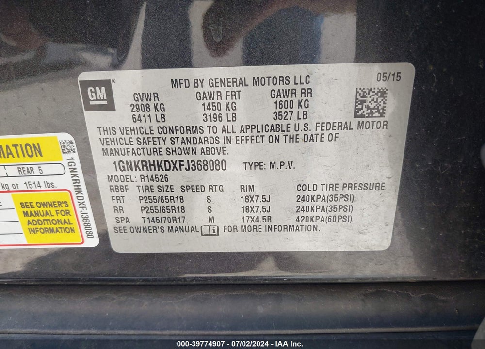 2015 CHEVROLET TRAVERSE 2LT VIN: 1GNKRHKDXFJ368080