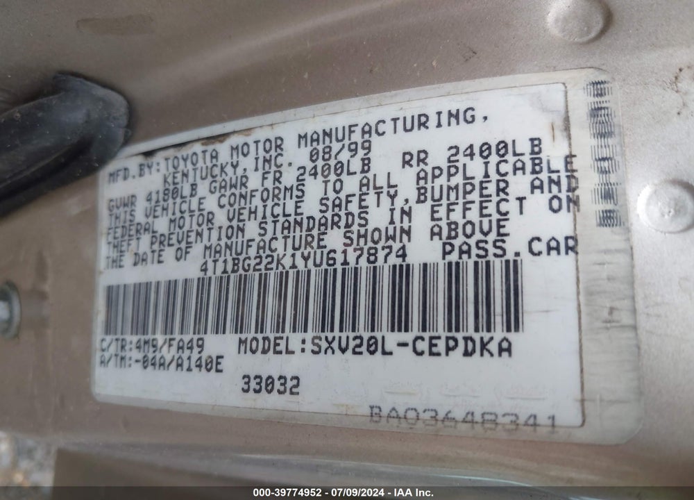 2000 TOYOTA CAMRY CE VIN: 4T1BG22K1YU617874