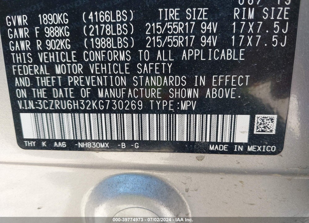 2019 HONDA HR-V LX VIN: 3CZRU6H32KG730269