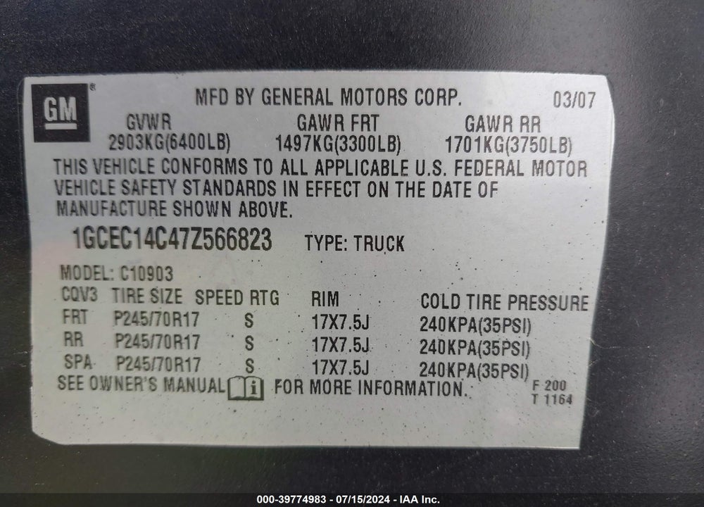 2007 CHEVROLET SILVERADO 1500 WORK TRUCK VIN: 1GCEC14C47Z566823