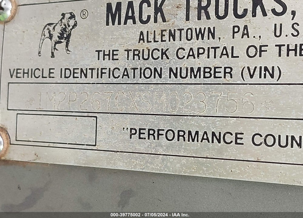 1995 MACK RD688S RD600 VIN: 1M2P267CXSM023756