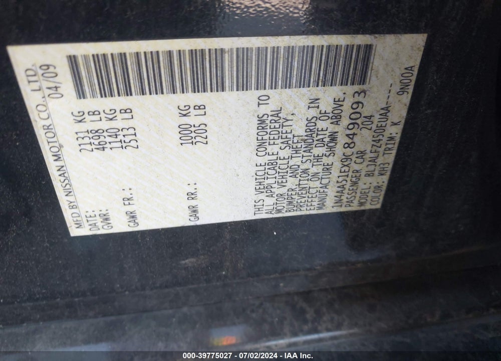 2009 NISSAN MAXIMA 3.5 SV VIN: 1N4AA51EX9C849093