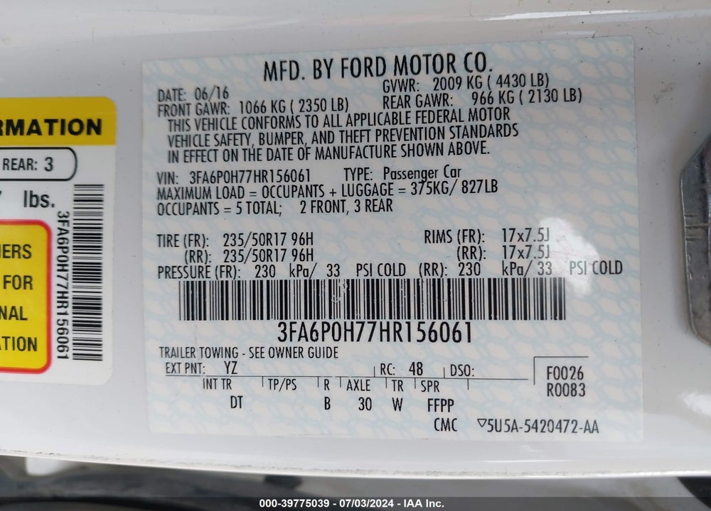 2017 FORD FUSION SE VIN: 3FA6P0H77HR156061