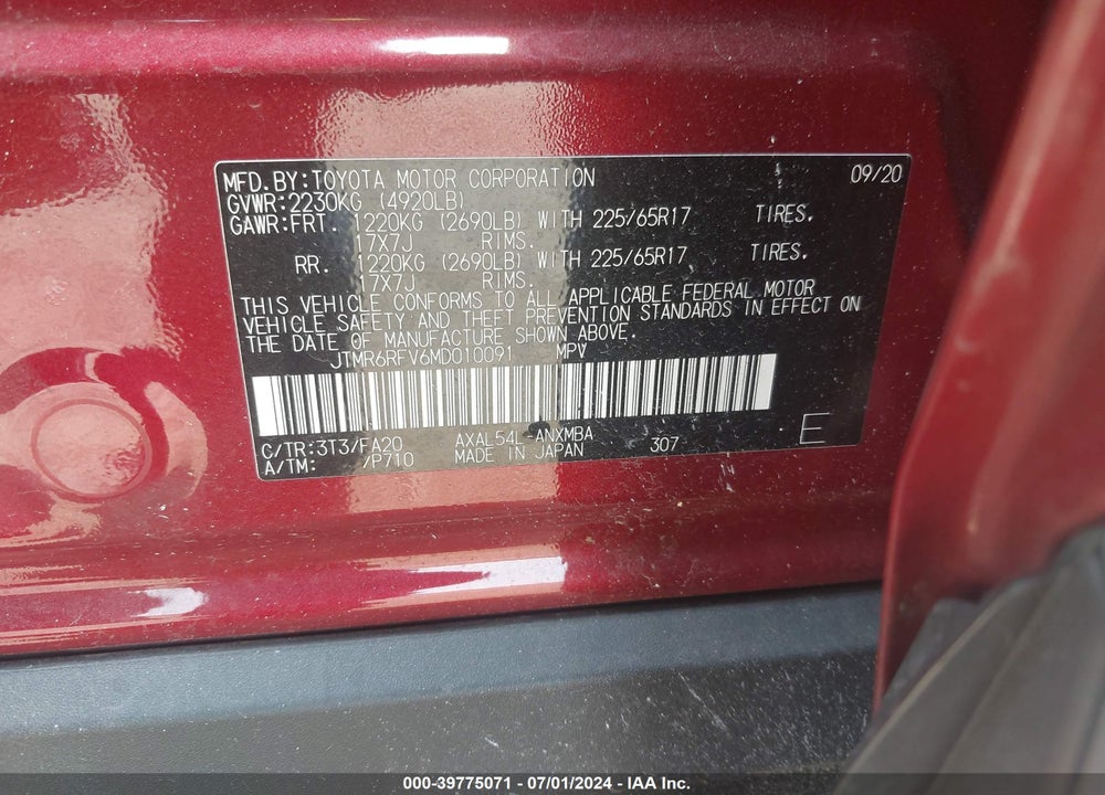 2021 TOYOTA RAV4 HYBRID XLE VIN: JTMR6RFV6MD010091