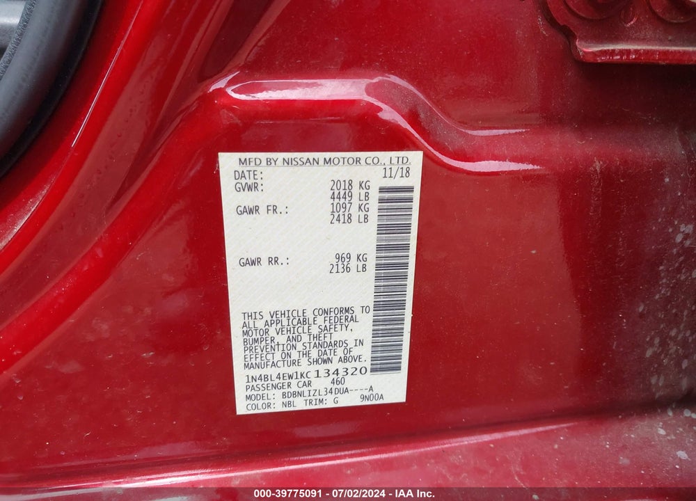 2019 NISSAN ALTIMA 2.5 SL VIN: 1N4BL4EW1KC134320