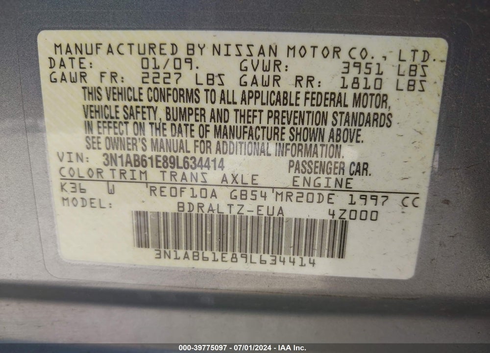 2009 NISSAN SENTRA 2.0S VIN: 3N1AB61E89L634414