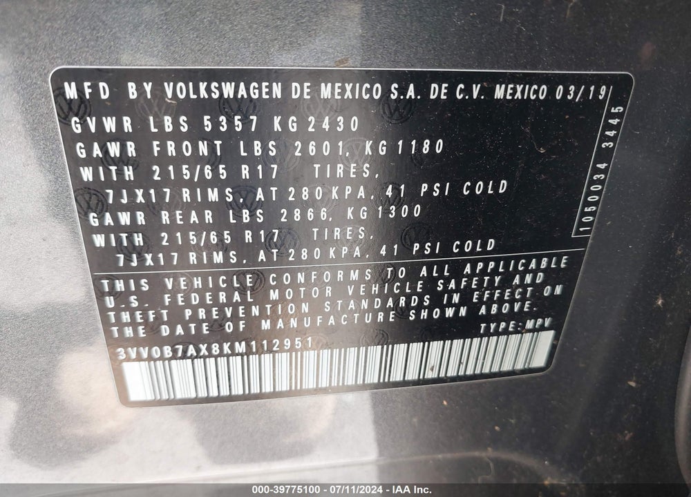 2019 VOLKSWAGEN TIGUAN 2.0T S VIN: 3VV0B7AX8KM112951