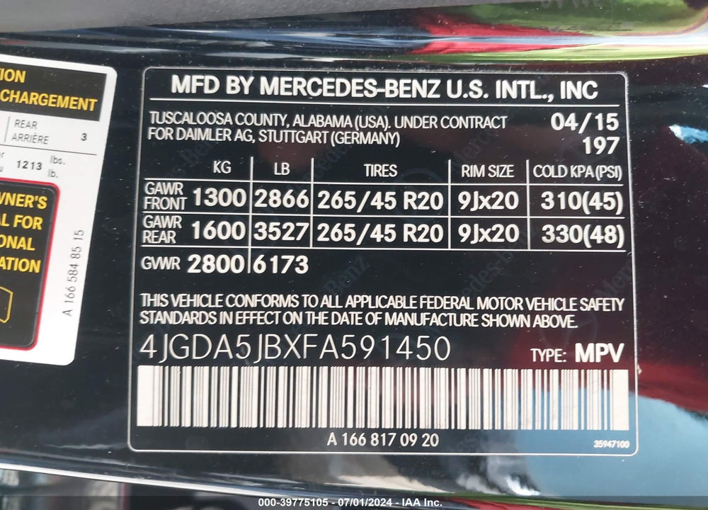 2015 MERCEDES-BENZ ML 350 VIN: 4JGDA5JBXFA591450