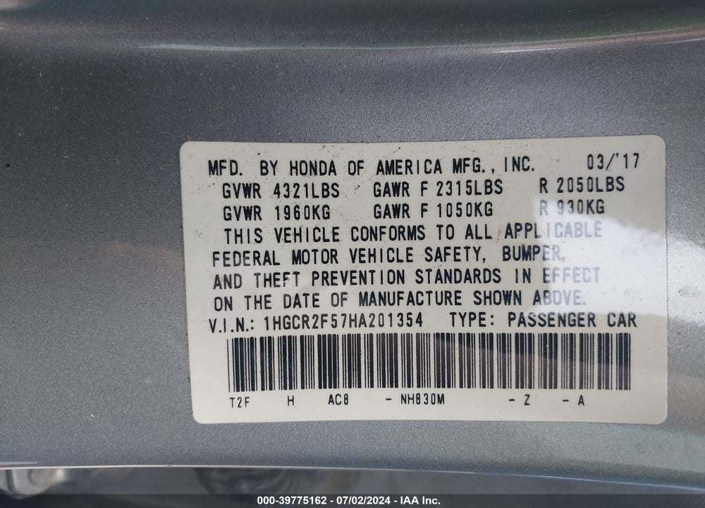 2017 HONDA ACCORD SPORT VIN: 1HGCR2F57HA201354