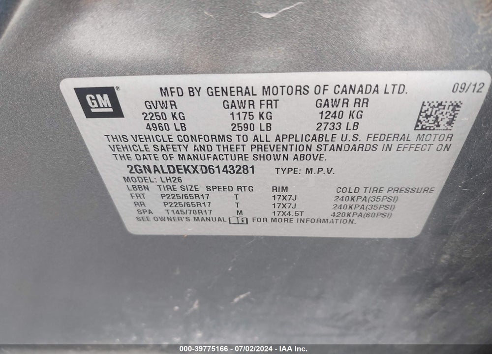 2013 CHEVROLET EQUINOX 1LT VIN: 2GNALDEKXD6143281