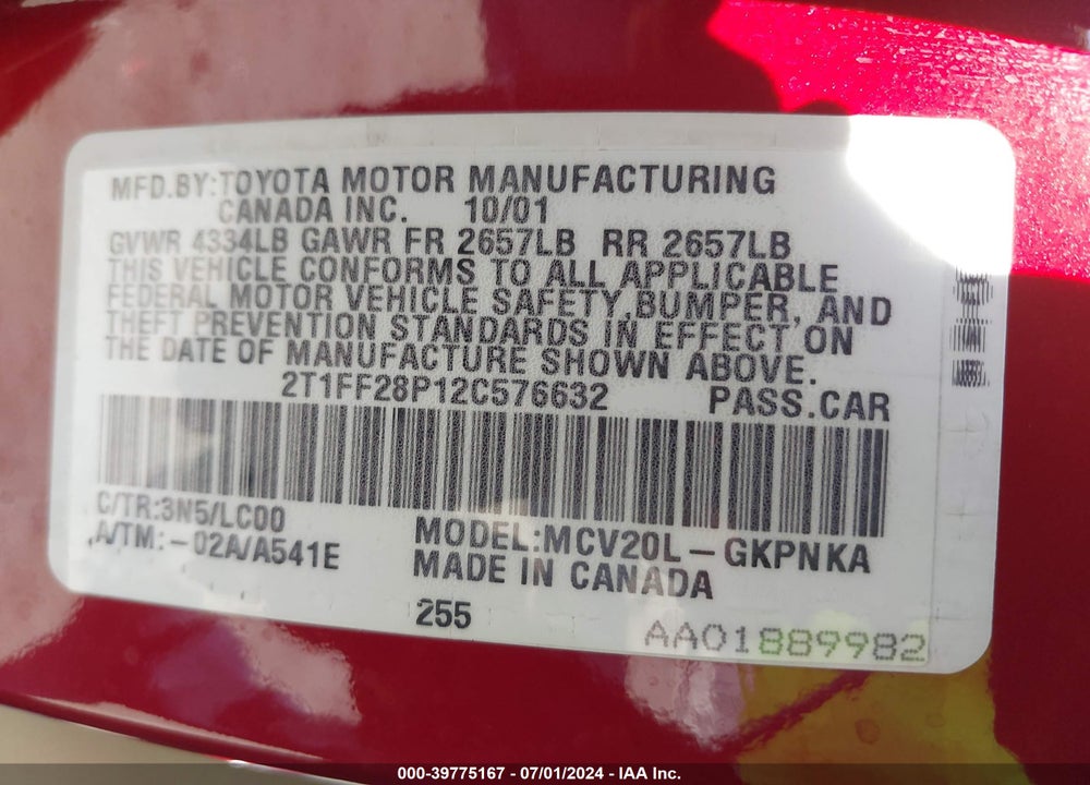 2002 TOYOTA CAMRY SOLARA SLE V6 VIN: 2T1FF28P12C576632