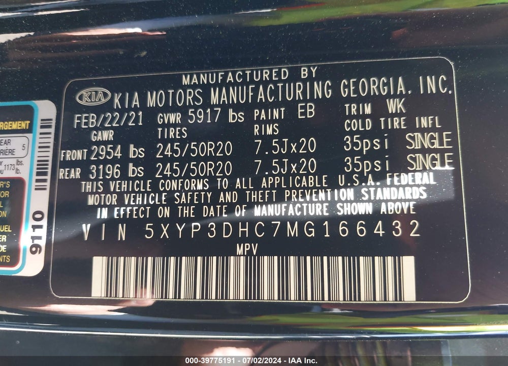 2021 KIA TELLURIDE EX VIN: 5XYP3DHC7MG166432