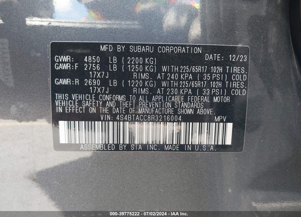 2024 SUBARU OUTBACK PREMIUM VIN: 4S4BTACC8R3216004