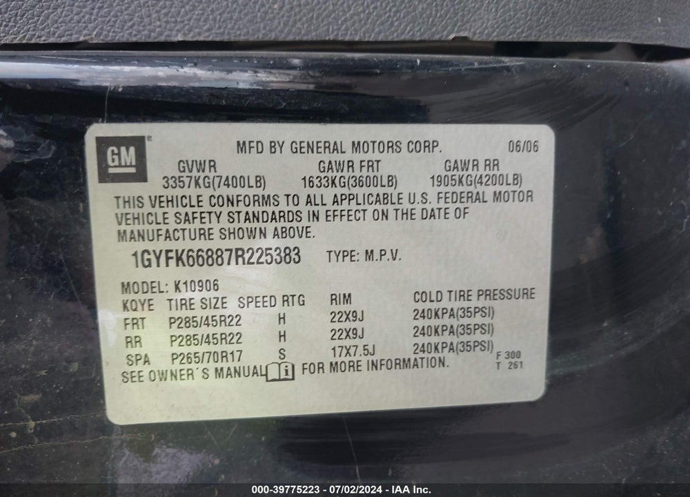 2007 CADILLAC ESCALADE ESV STANDARD VIN: 1GYFK66887R225383