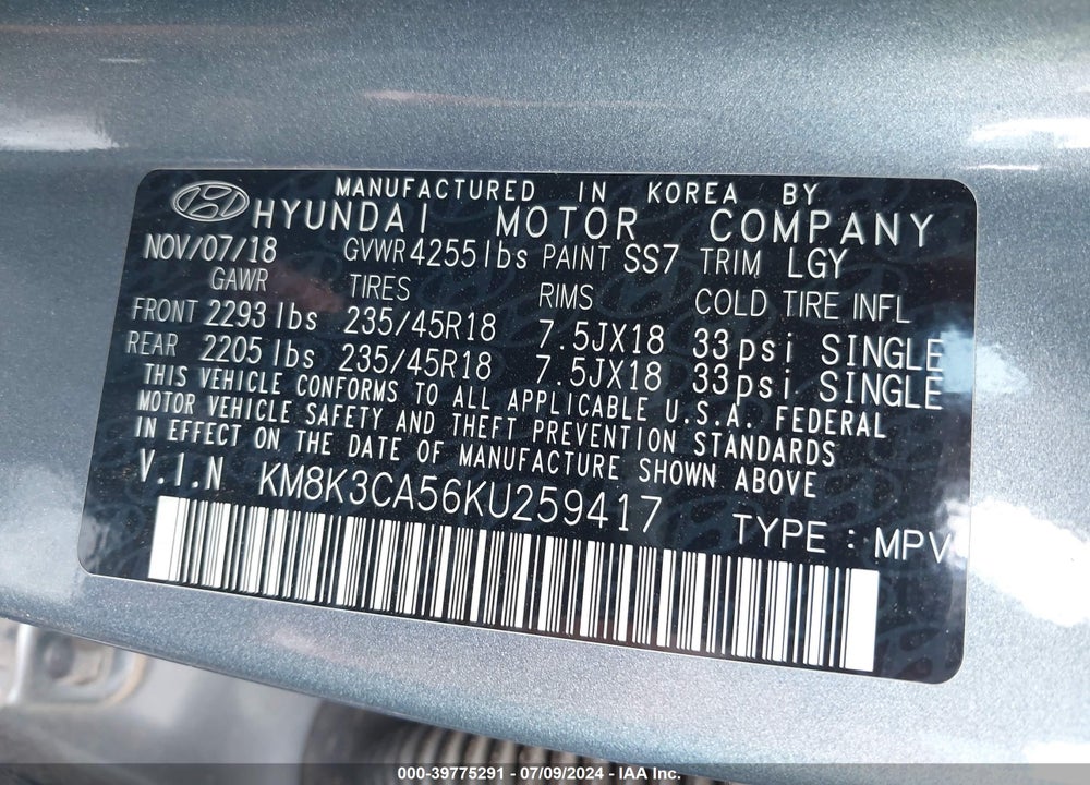 2019 HYUNDAI KONA LIMITED VIN: KM8K3CA56KU259417
