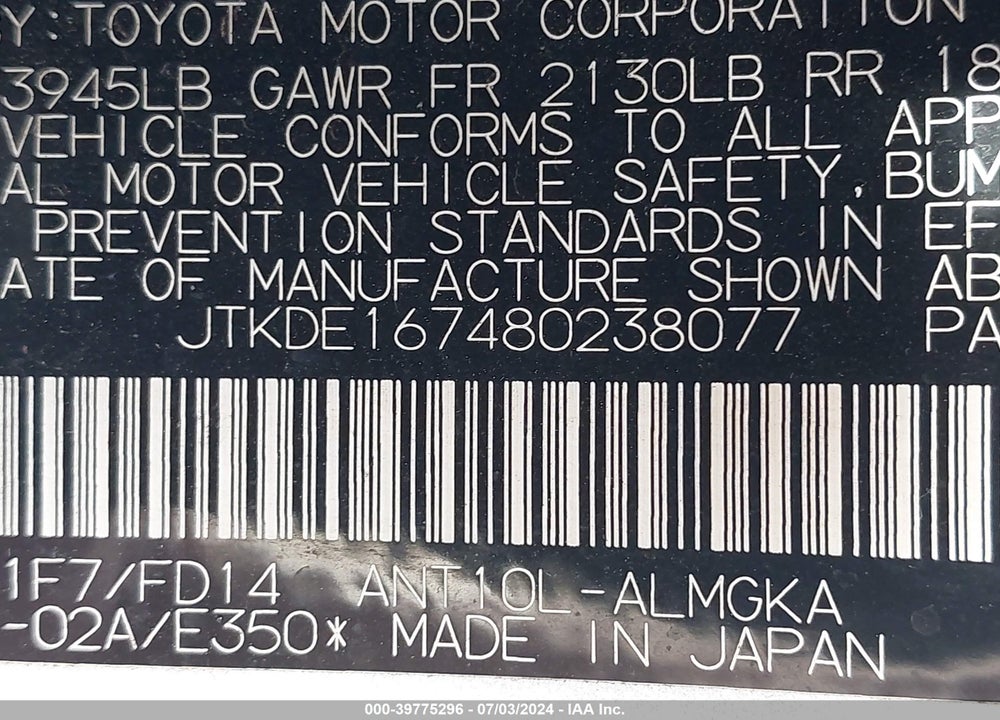 2008 SCION TC VIN: JTKDE167480238077