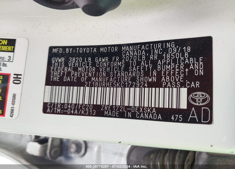 2019 TOYOTA COROLLA SE VIN: 2T1BURHE5KC172924