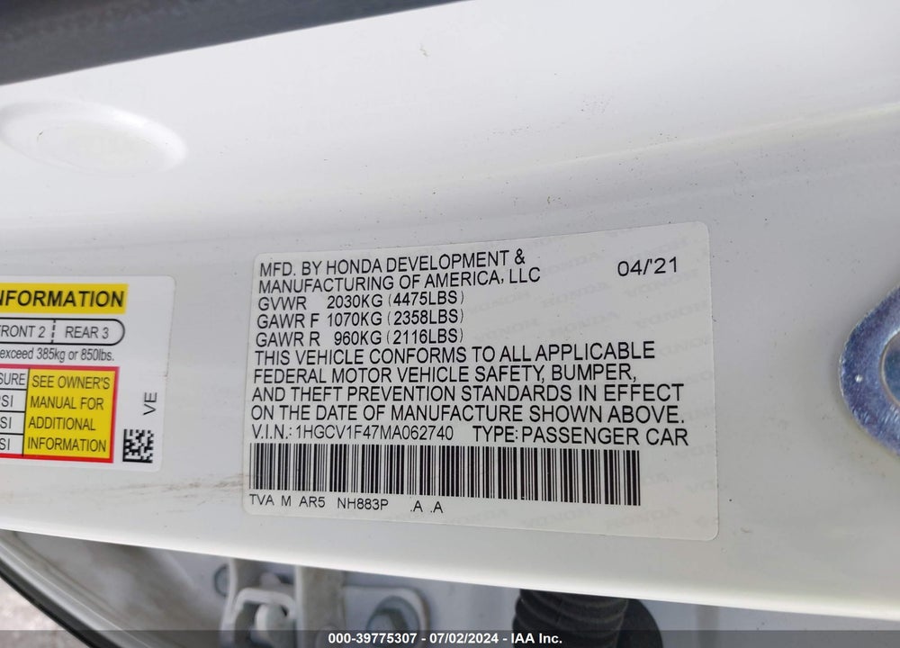 2021 HONDA ACCORD SPORT SPECIAL EDITION VIN: 1HGCV1F47MA062740