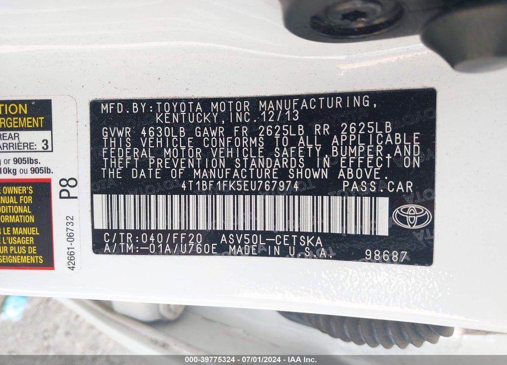2014 TOYOTA CAMRY SE SPORT VIN: 4T1BF1FK5EU767974