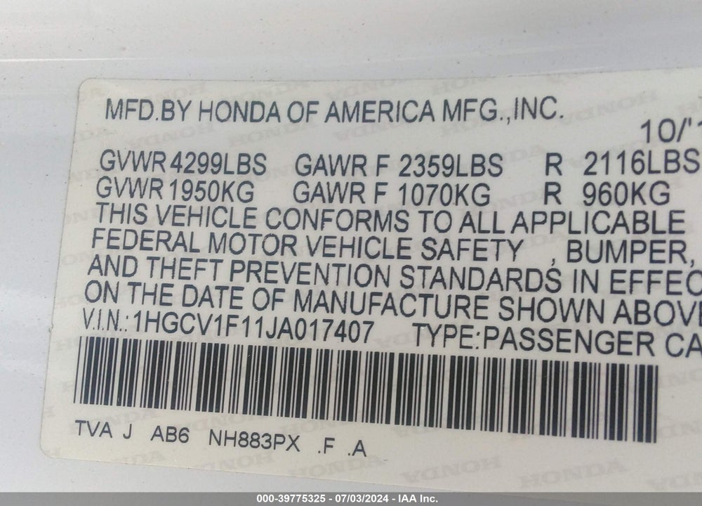 2018 HONDA ACCORD VIN: 1HGCV1F11JA017407