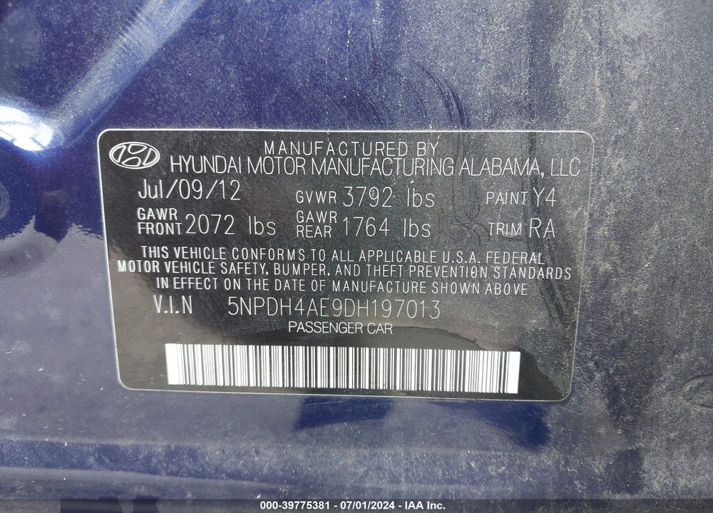 2013 HYUNDAI ELANTRA GLS VIN: 5NPDH4AE9DH197013