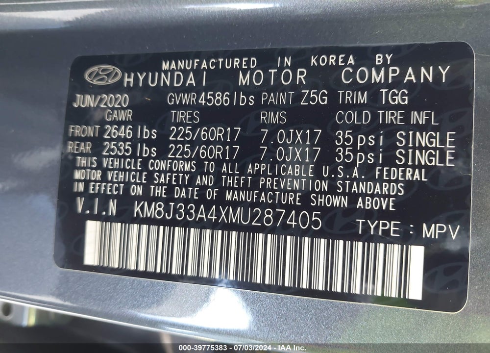 2021 HYUNDAI TUCSON VALUE VIN: KM8J33A4XMU287405