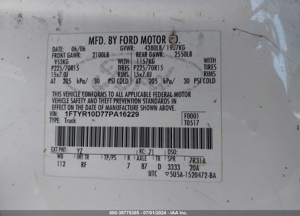 2007 FORD RANGER STX/XL/XLT VIN: 1FTYR10D77PA16229