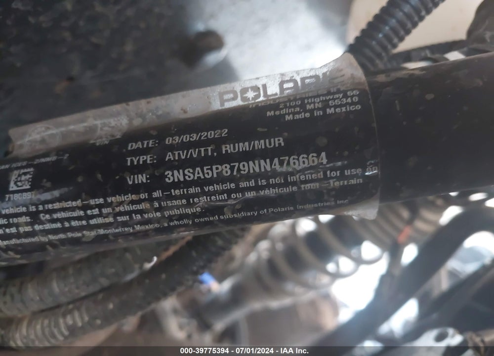 2022 POLARIS RZR TRAIL PREMIUM VIN: 3NSA5P879NN476664