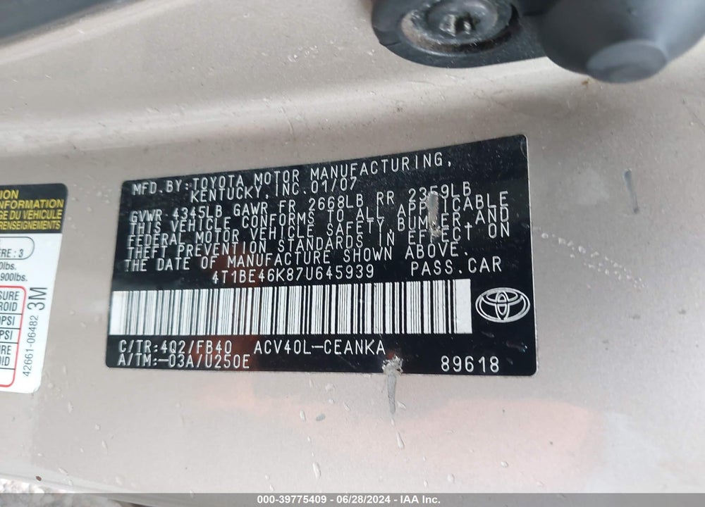 2007 TOYOTA CAMRY LE VIN: 4T1BE46K87U645939