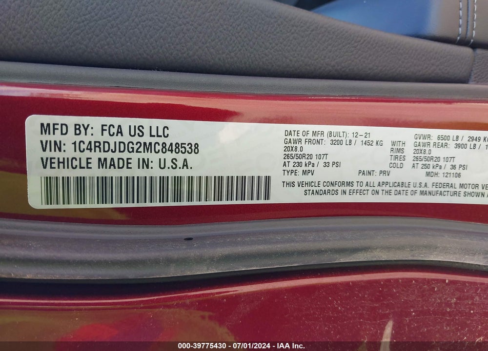 2021 DODGE DURANGO GT PLUS AWD VIN: 1C4RDJDG2MC848538