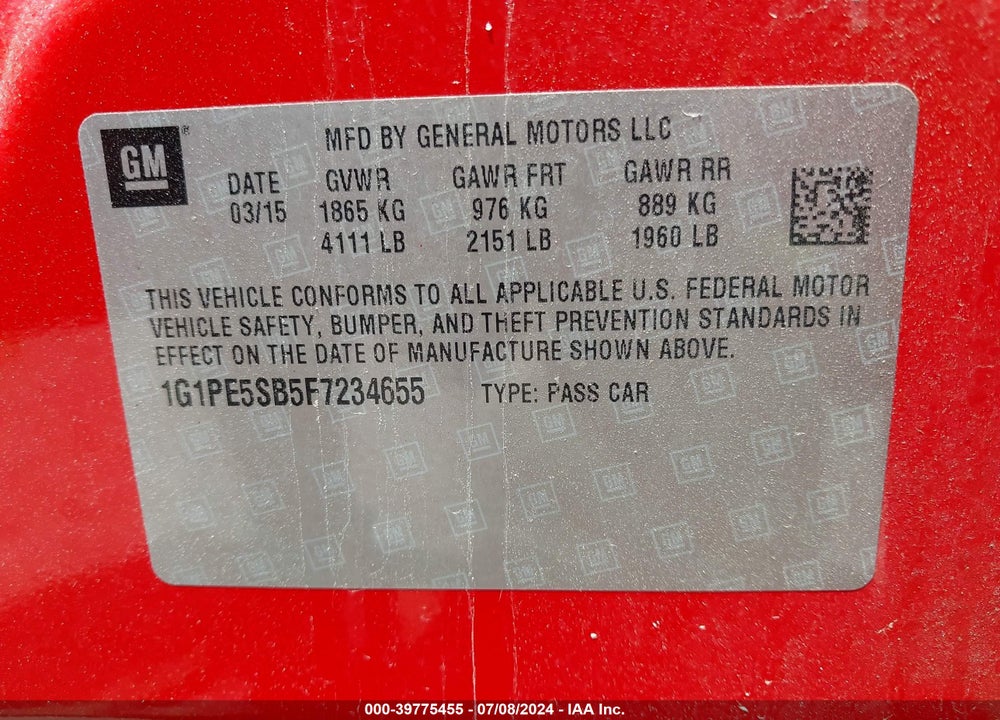2015 CHEVROLET CRUZE 2LT AUTO VIN: 1G1PE5SB5F7234655