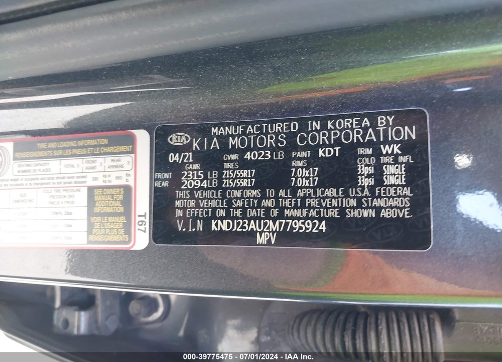 2021 KIA SOUL !/+/S VIN: KNDJ23AU2M7795924