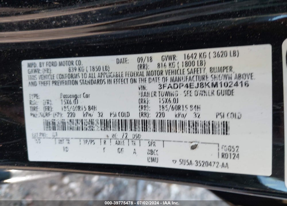2019 FORD FIESTA SE VIN: 3FADP4EJ8KM102416