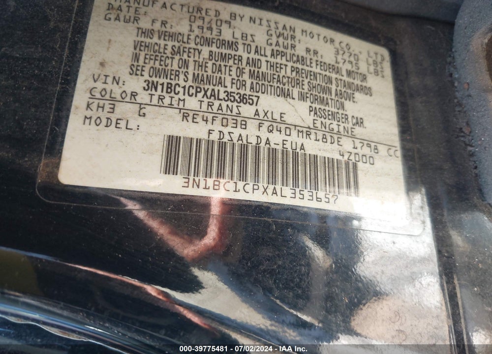 2010 NISSAN VERSA 1.8S VIN: 3N1BC1CPXAL353657