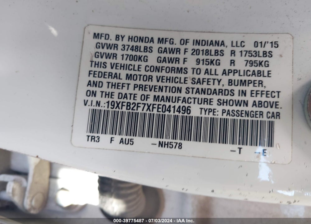 2015 HONDA CIVIC SE VIN: 19XFB2F7XFE041496