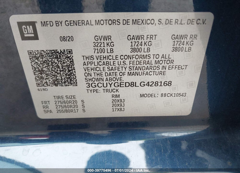 2020 CHEVROLET SILVERADO 1500 4WD SHORT BED LTZ VIN: 3GCUYGED8LG428168