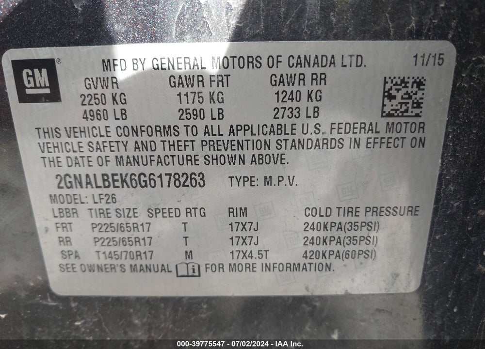 2016 CHEVROLET EQUINOX VIN: 2GNALBEK6G6178263